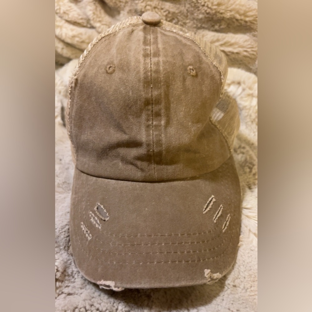 Women’s Distressed Tan Baseball Cap | Hats | Ponytail Hole Hat - Picture 11 of 11